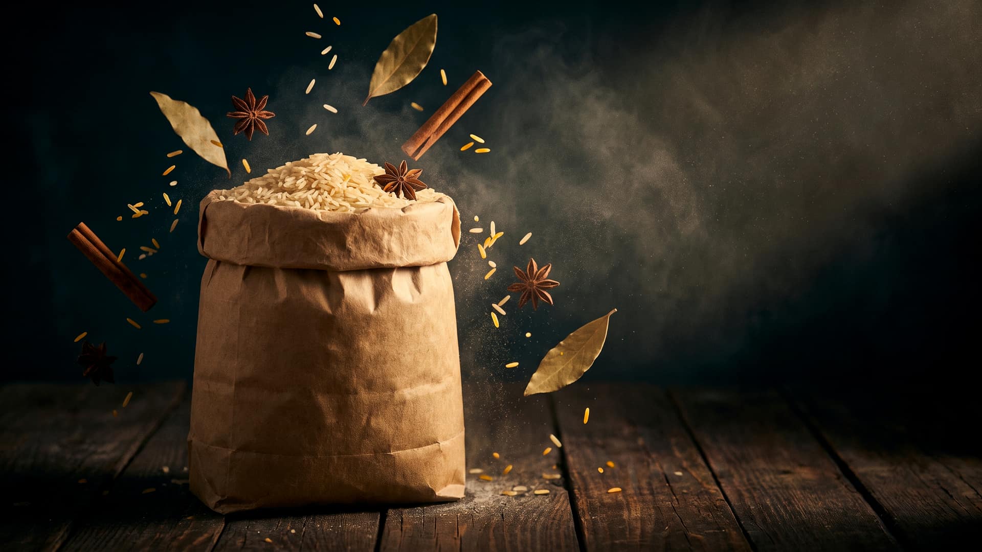 An open kraft-paper sack of basmati rice with rice grains, star anise, cinnamon quills and bay leaves drifting in a slow orbit around it